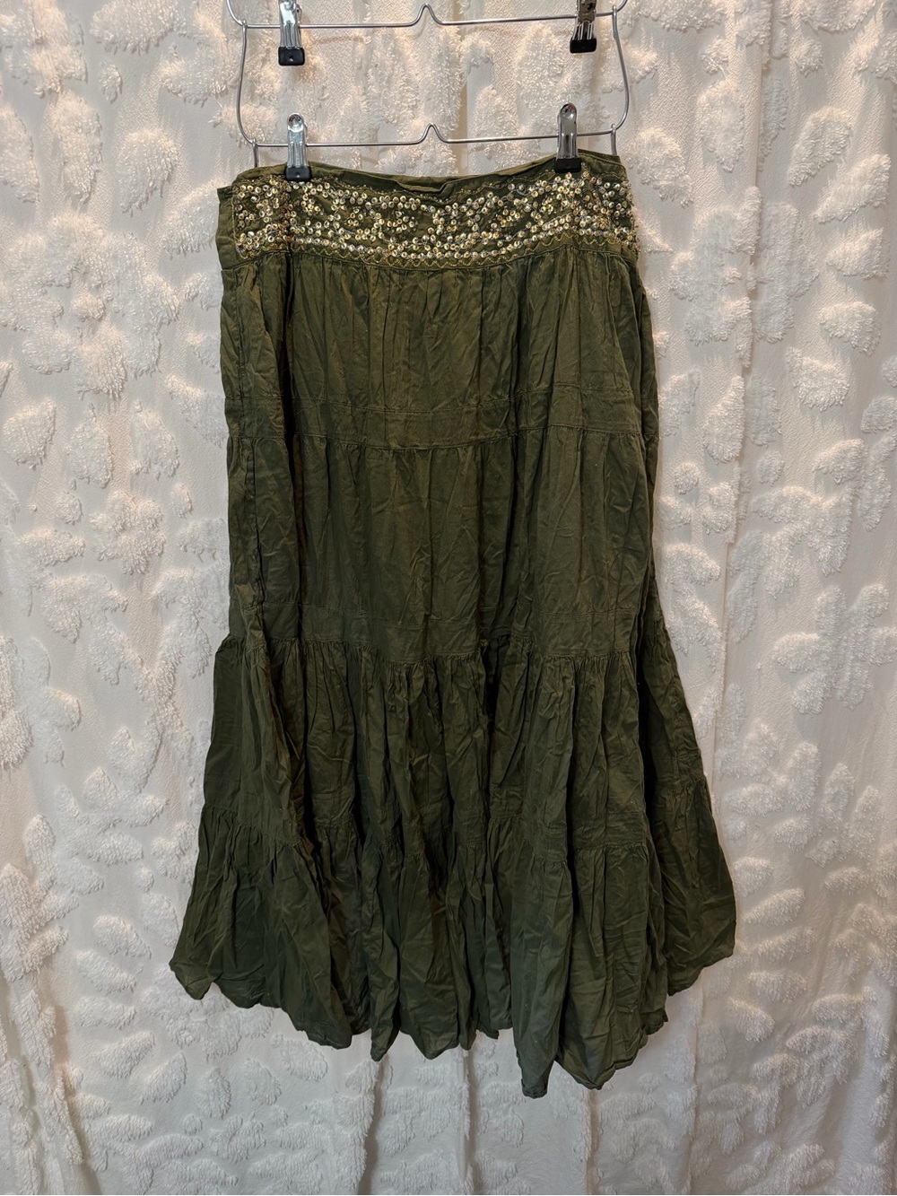 Y2K She's Cool Olive Green Embellished Tiered Maxi Skirt
